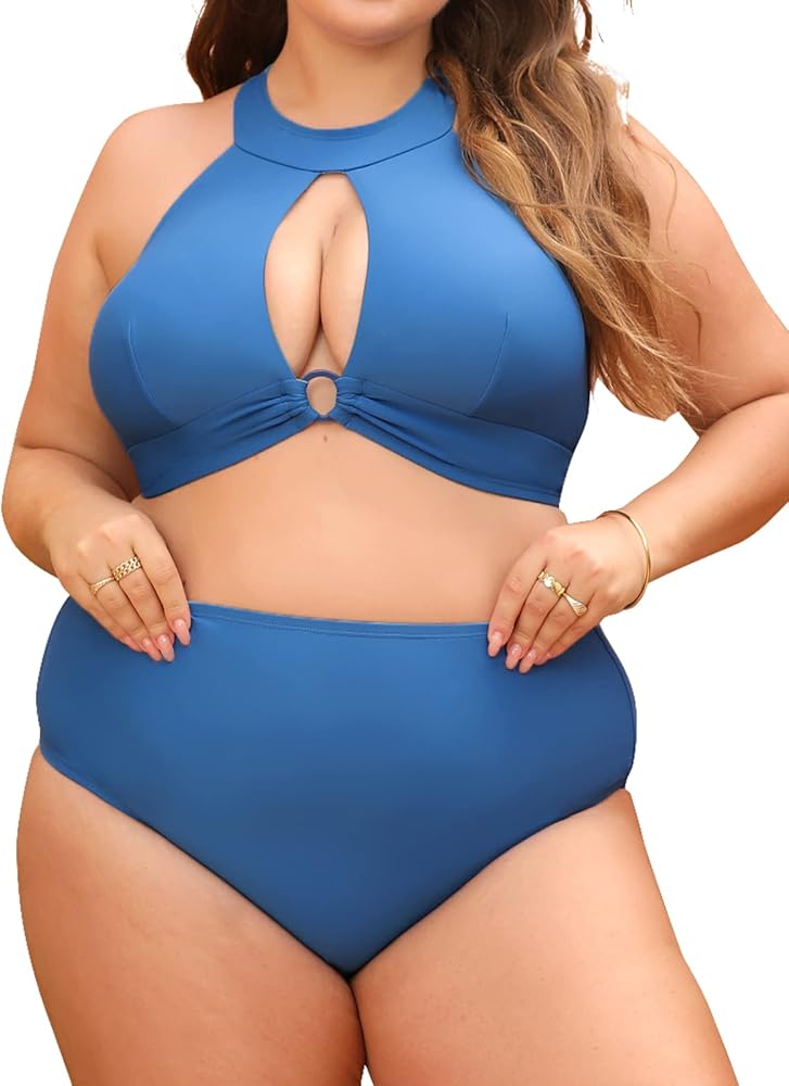 CUPSHE Women Swimsuit Plus Size Bikini Set Two Piece Bathing Suit High Waisted Keyhole Cutout Front Crisscross Back