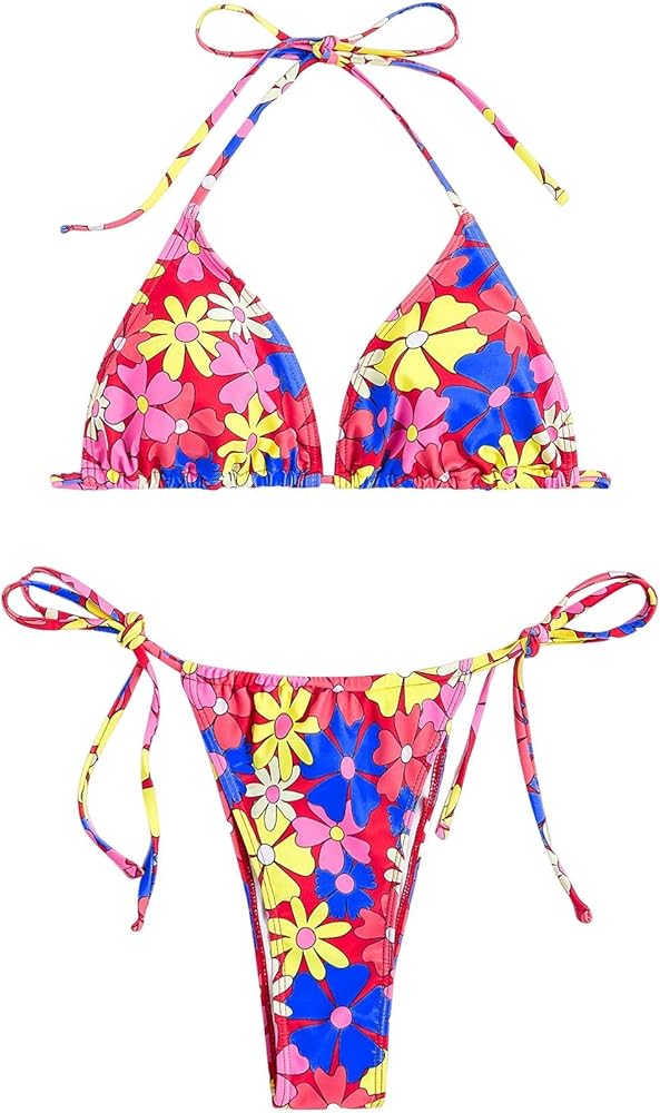 WDIRARA Women's 2 Piece Set Floral Print Halter Swimwear Tie Side Sleeveless Bikini Set