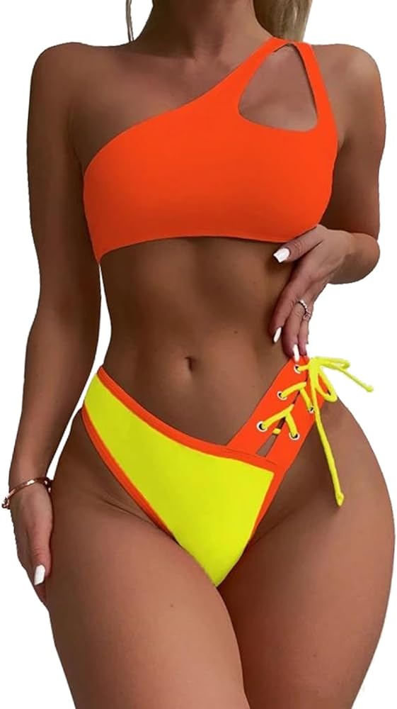 YELAIVP Women's Bikini Sets One Shoulder High Waisted Two Piece Swimsuit Lace Up High Cut Bathing Suit