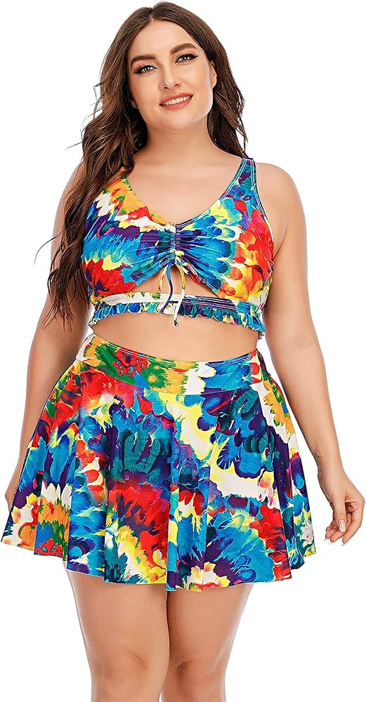 Wellwits Women's Plus Size Strappy Tropical Leaf Cutout Swimdress Swimsuit