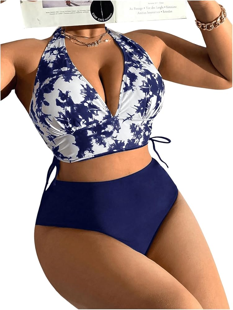 WDIRARA Women's Plus Size 2 Piece Halter Tie Dye Swimsuit High Waist Tie Back Bikini Set