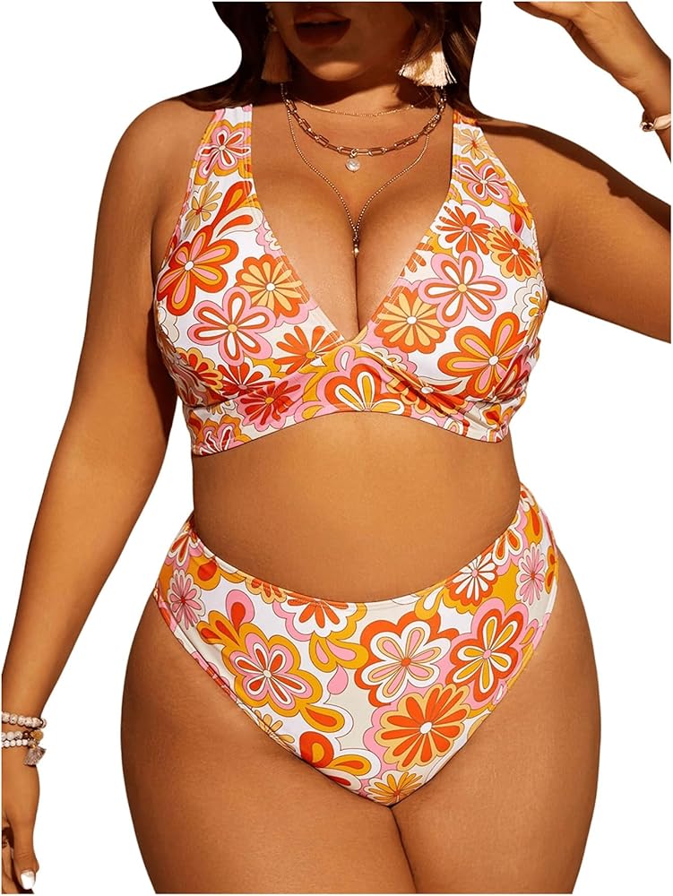 SOLY HUX Women's Plus Size Swimsuit Floral Print High Waisted Bikini Sets Two Piece Bathing Suits