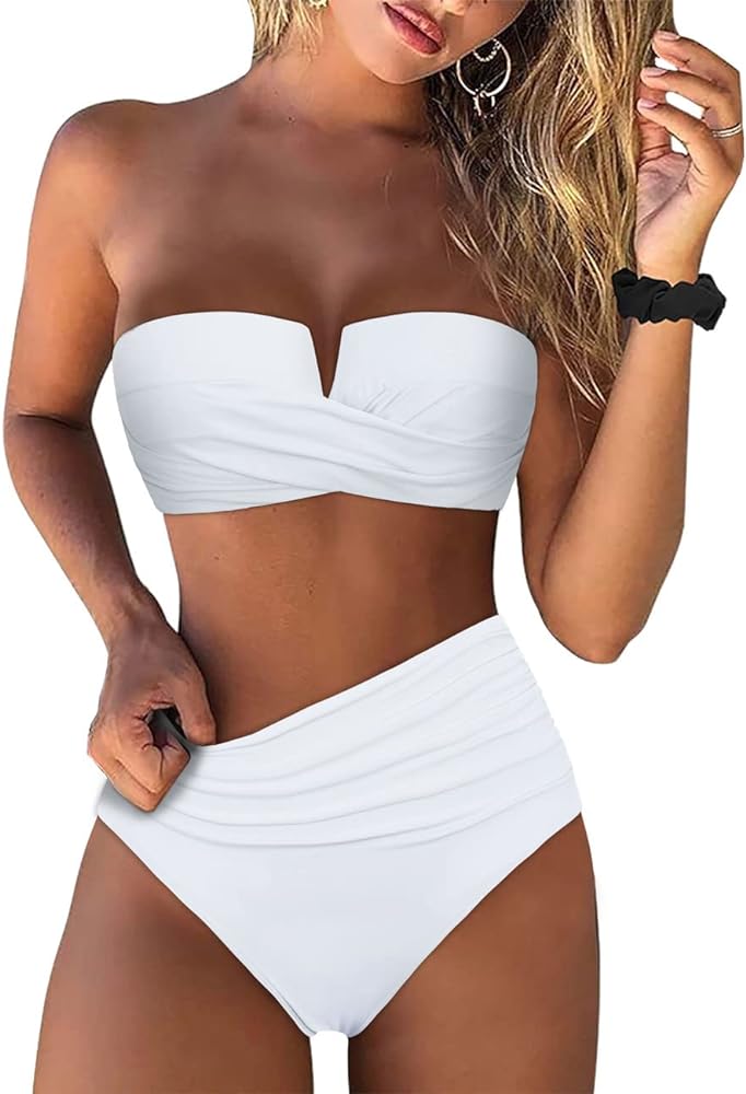 Hilor Bandeau Two Piece Bathing Suits for Women with Strap Retro High Waisted Swimsuits Sexy Push Up Bikini Swimwear