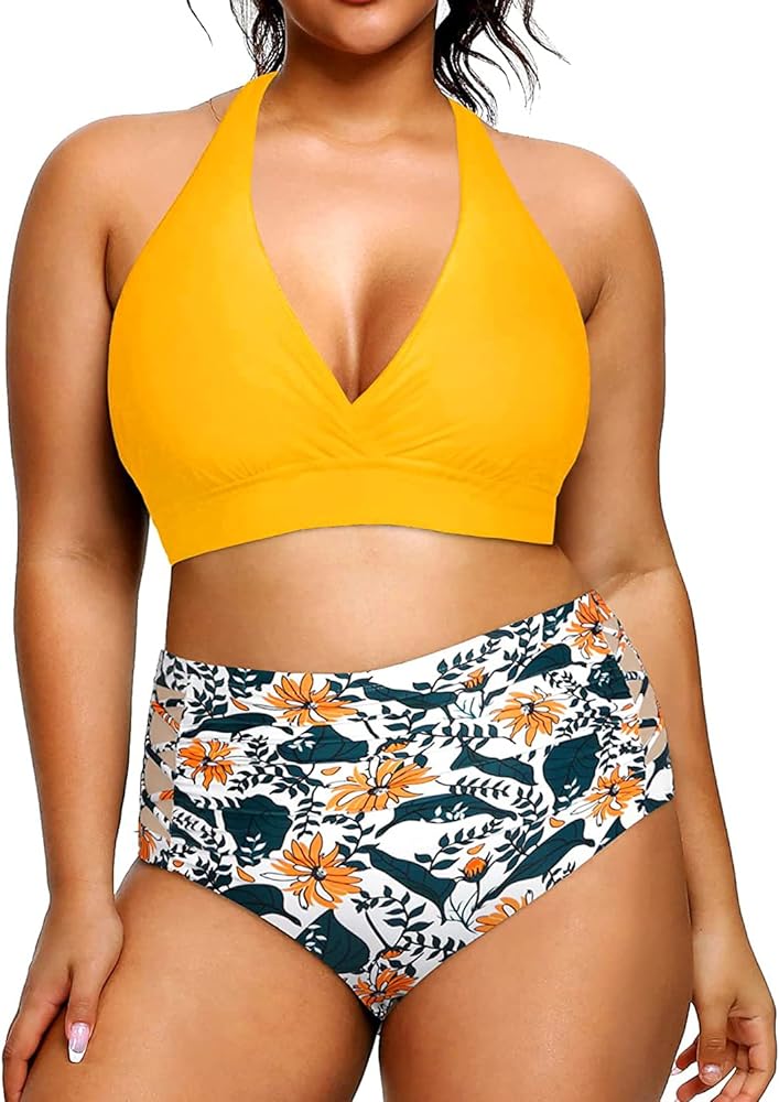 Yonique Womens Two Piece Plus Size Halter Bikini Swimsuits Tummy Control Bathing Suits High Waisted Swimwear