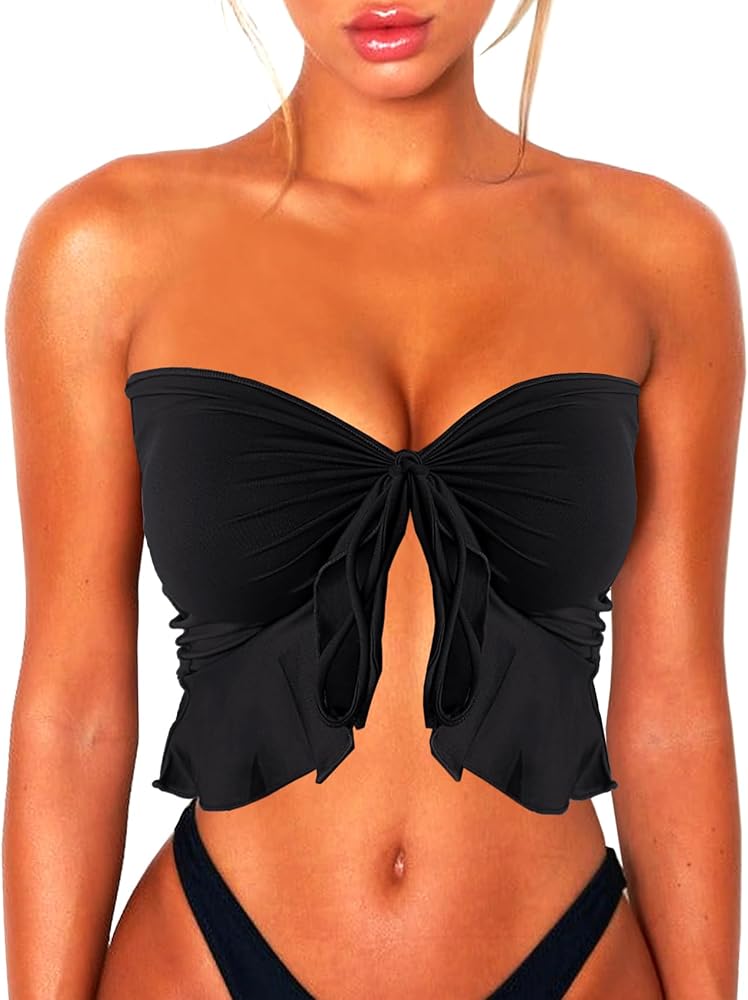 Bandeau Bikini Tops for Women Swimsuit Coverup Beach Swim Skirt Bathing Suit Cover up Cute Ruffle Bikinis Black