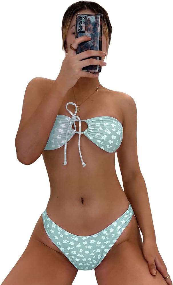 SOLY HUX Women's Floral Print Tie Front Bandeau Bikini Bathing Suit 2 Piece Swimsuits Mint Green Floral S