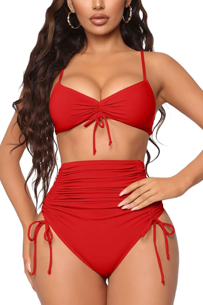 Meyeeka Women's Sexy Swimsuits Ruched High Waisted Two Piece Bathing Suit Bikini Set