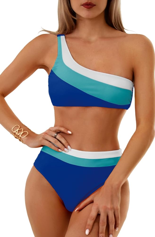 Women High Waisted Bikini Set Color Block Sporty Swimsuit Two Piece Swimsuits Tankini