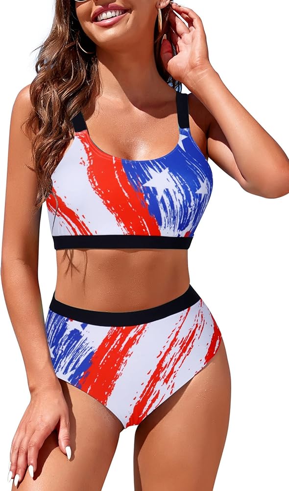 Womens High Waisted Bikini Sets Sporty Crop Top Color Block Swimwear Bandeau Scoop Neck Vintage Two Piece Bathing Suits