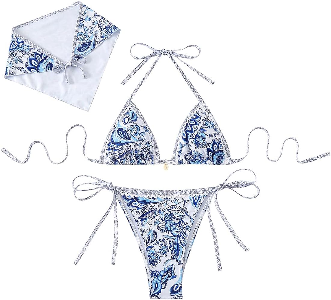 Women's Triangle Bikini Blue and White Floral String Bikini Set Two Piece Sexy Swimsuit Comes with a Headscarf