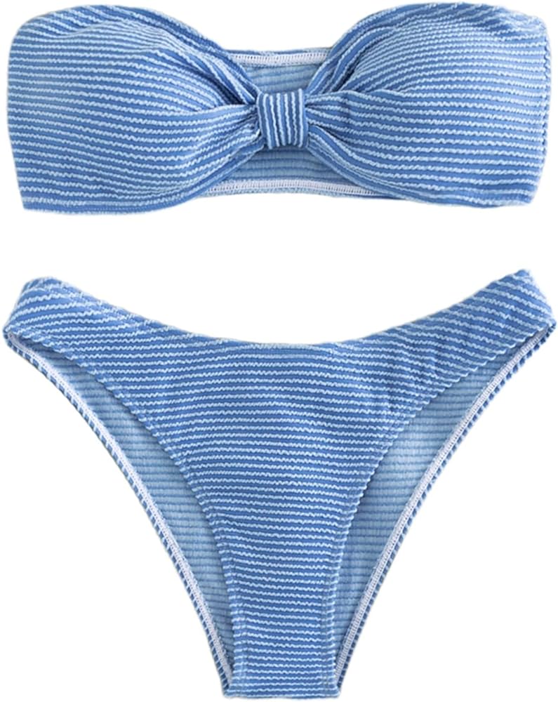 MakeMeChic Women's 2 Piece Bikini Set Striped Knot Strapless Bandeau Swimsuit High Cut Bathing Suit