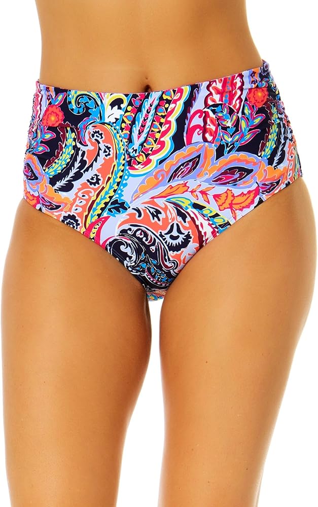 Women's Paisley Parade Fold Over High Waist Shirred Bikini Swim Bottoms