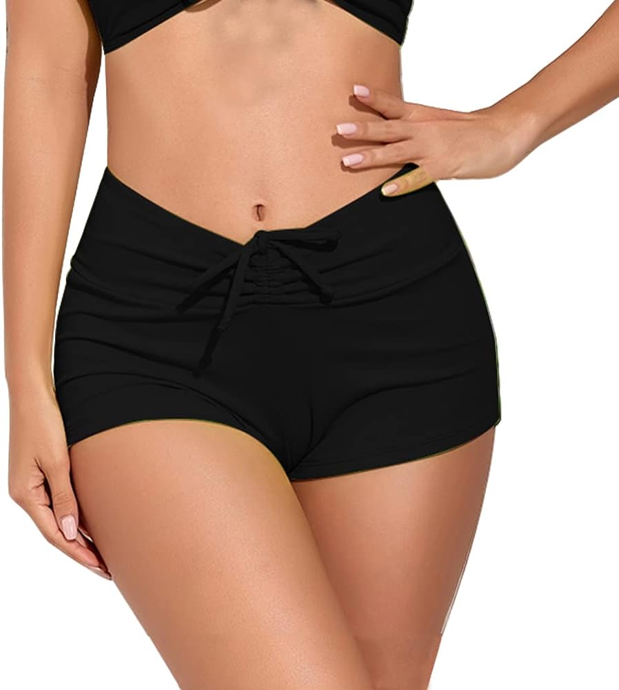 meioro Solid Color Women's Swimsuit Bottoms Tie Front Swimwear Bottom High Waist Drawstring Bikini Shorts Bathing Suits