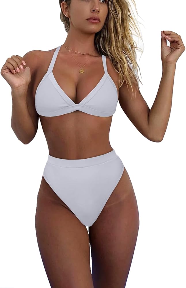 Women's Color Block Bikini Sets Sexy V Neck Adjustable Straps Triangle Bikinis High Waisted High Cut Bathing Suit 2 Piece