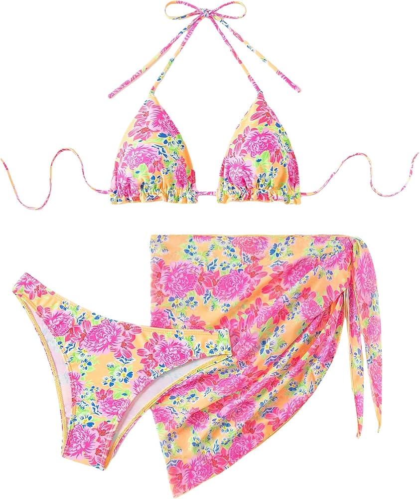 SHENHE Women's 3 Piece Floral Print Halter Tie Back Knot Bikini Set with Sarong Coverups