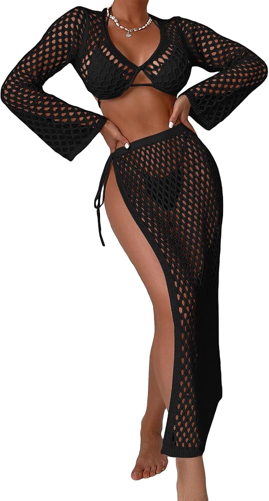 Verdusa Women's Hollow Out Crochet Crop Cover up Top and Tie Side Skirt Beach Bikini Cover Up Sets