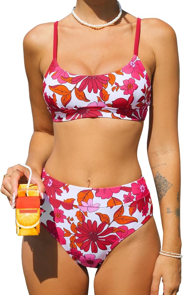 CUPSHE Bikini Set for Women Two Piece Swimsuits Banded High Waisted Adjustable Straps Back Hook Floral