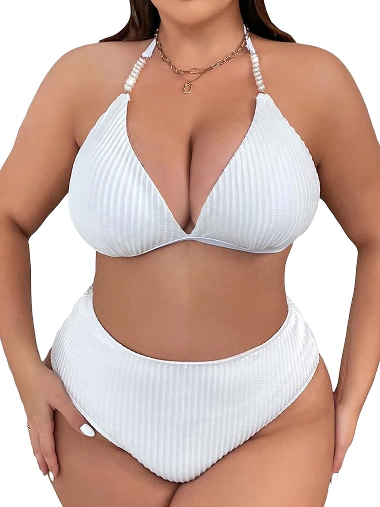 MakeMeChic Women's Plus Size 2 Piece Bathing Suit Halter Triangle Bikini Set High Waist Swimsuit