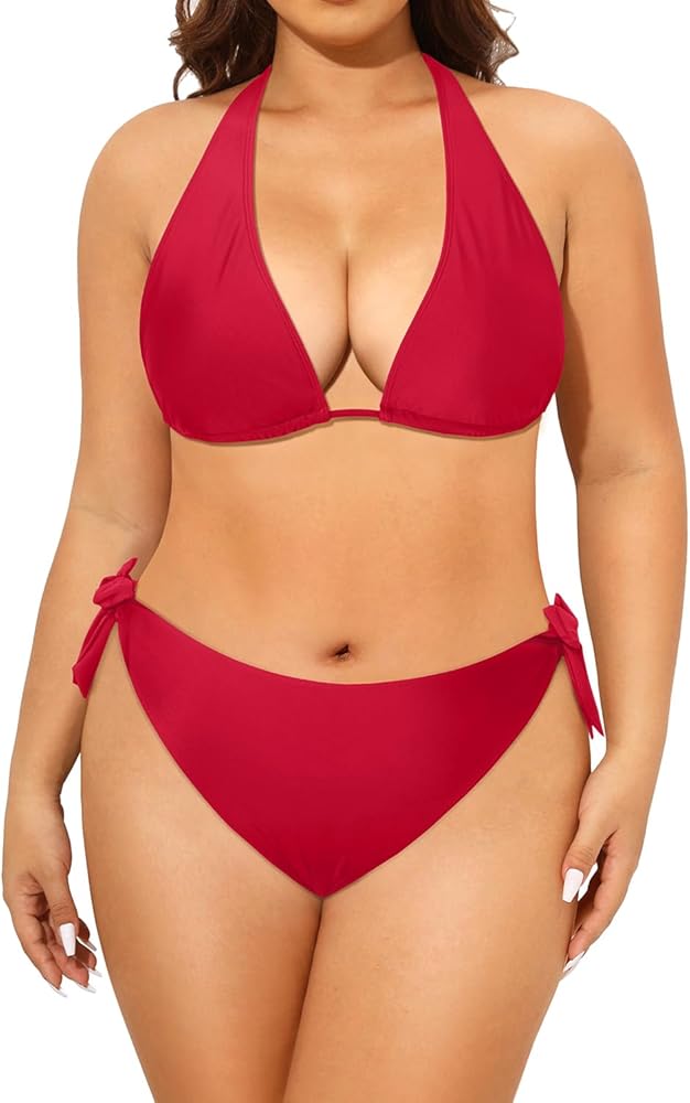 Tempt Me Women Plus Size Triangle Bikini Halter Two Piece Swimsuit Sexy Tie Side Bathing Suits