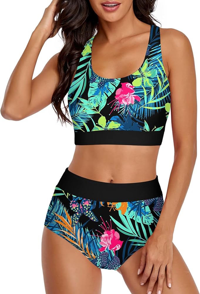 Women's High Waisted Two Piece Bikini Set Vintage Swimsuit Halter Top with Bottom Bathing Suit Sporty Swimwear