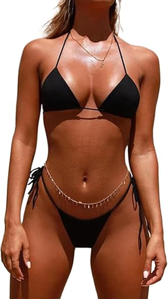 Sunloudy Women's Two Piece Bikini Swimsuit Halter Triangle Tops Tie Side Thong Bathing Sexy String Bikini Sets Swimwear