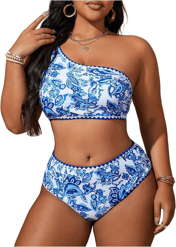 SOLY HUX Women's Plus Size Swimsuit Floral Print One Shoulder Bikini Sets Two Piece Bathing Suit