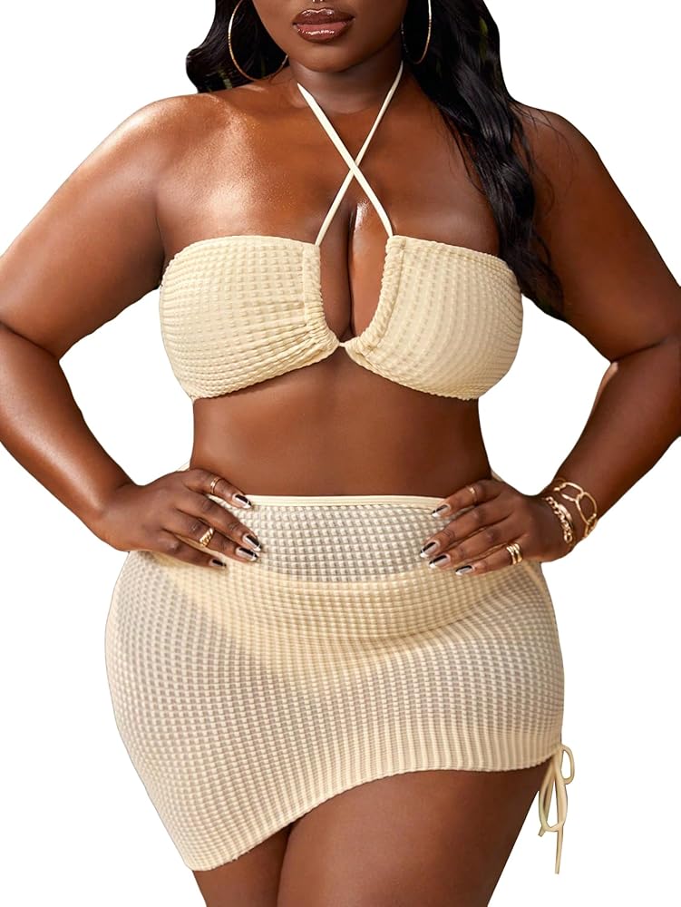 SHENHE Women's Plus Size Halter Swimsuits High Waisted 3 Piece Bikini Set with Cover Up Skirt