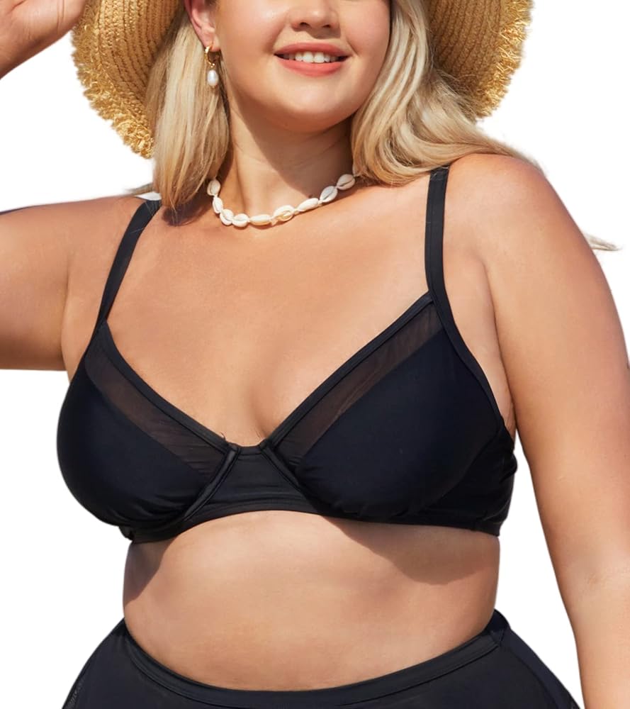 CUPSHE Women Plus Size Bikini Top Mesh Bathing Suit V Neck Underwire Swimsuit Top with Back Hook No Bottom