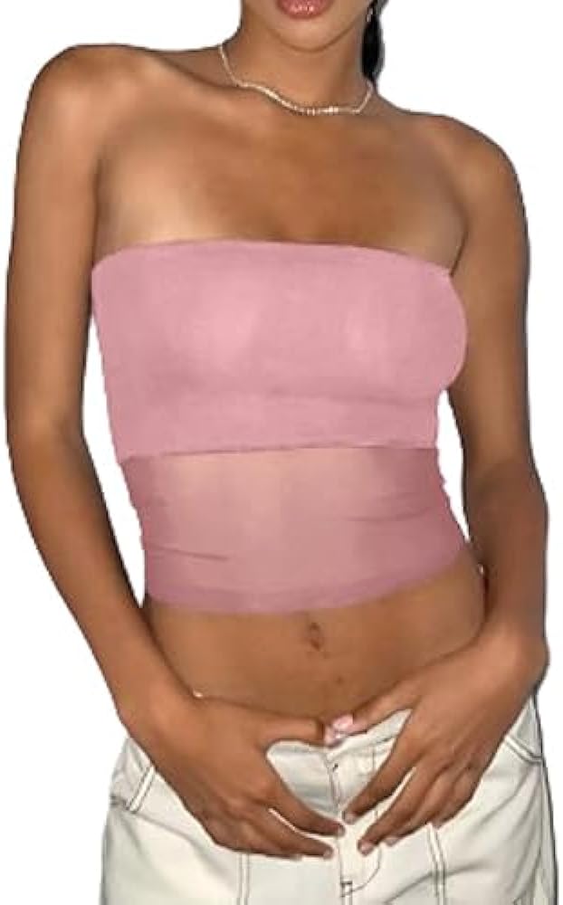 EMMIOL Tube Tops for Women Sexy See Through Y2K Tops Sheer Mesh Stretchy Bandeau Top Going Out Strapless Top