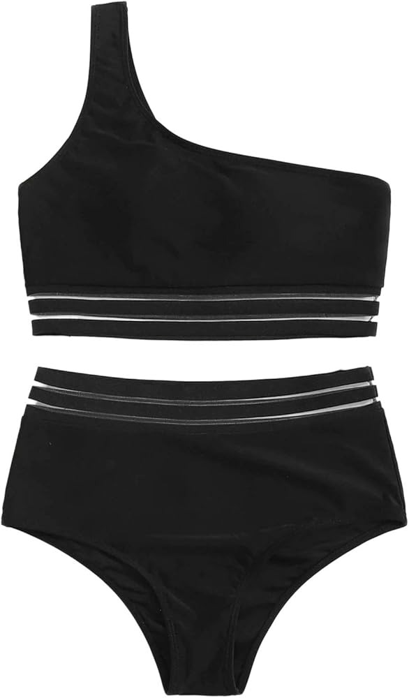 SweatyRocks Women's 2 Pieces Mesh Stripe One Shoulder Top with High Waist Bikini Set