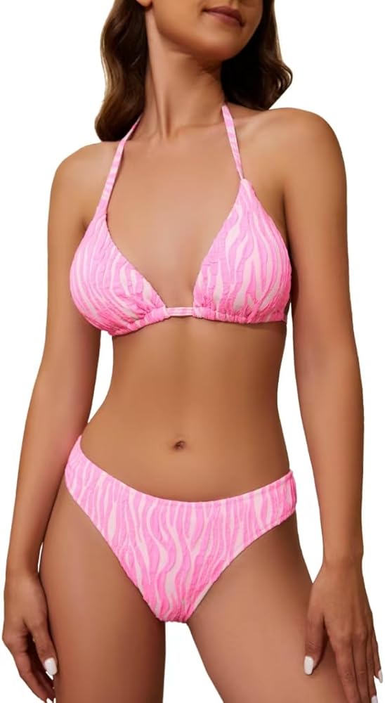 Women's Bikini Set Two Piece Swimsuit Triangle Top Self Tie Mid Waist Swimwear