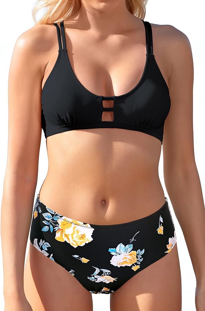 SHEKINI Women High Waist Bikini Cutout Cross Back Bathing Suit Two Piece Swimsuit