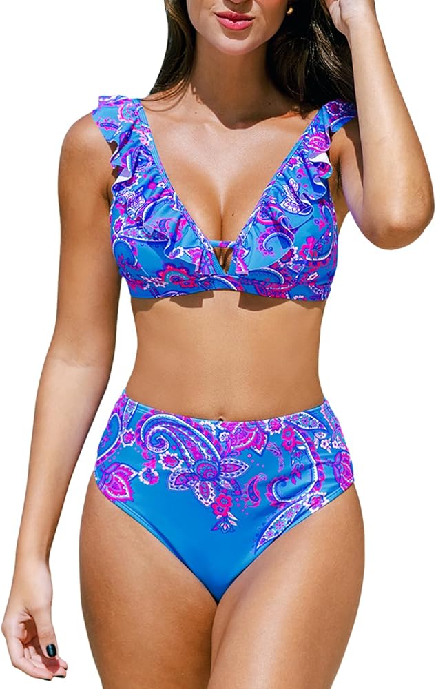 CUPSHE Women's Bikini Sets Two Piece Swimsuit High Waisted Ruffle V Neck Cutout Back Hook