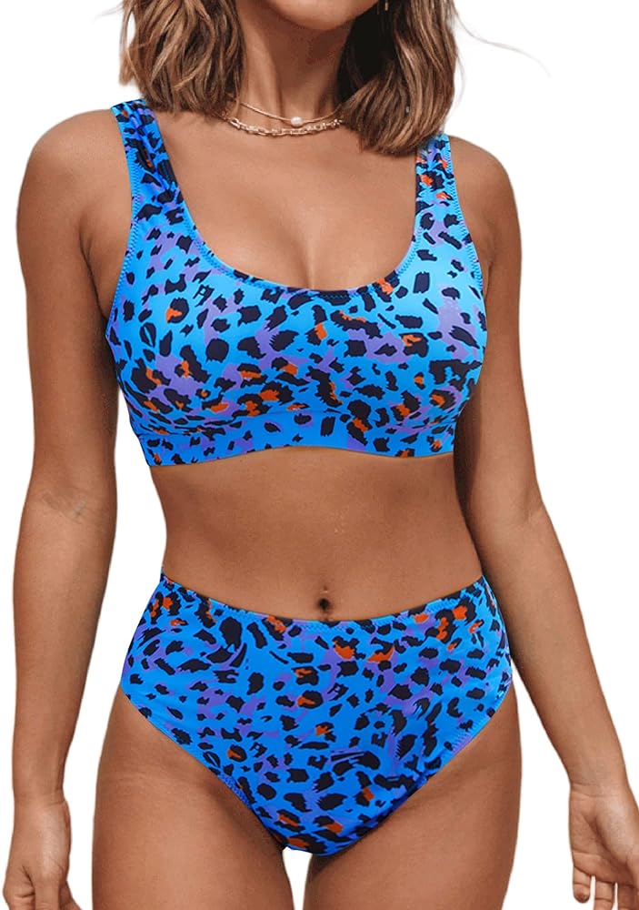 Hilinker Women's Leopard Print Swimsuits High Waisted Bikini Set 2 Piece Bathing Suits