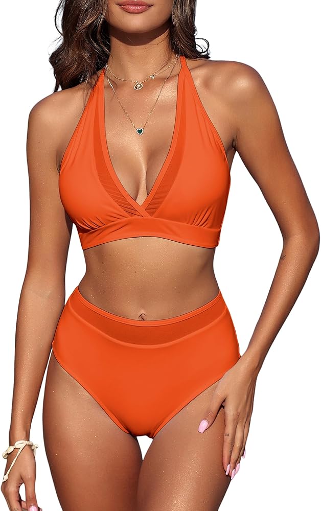 ZAFUL 2024 High Waisted Bikini Sets for Women Swim Suits Two Piece Swimsuit Sexy Bathing Suit Halter Swimsuits Mesh Bikinis