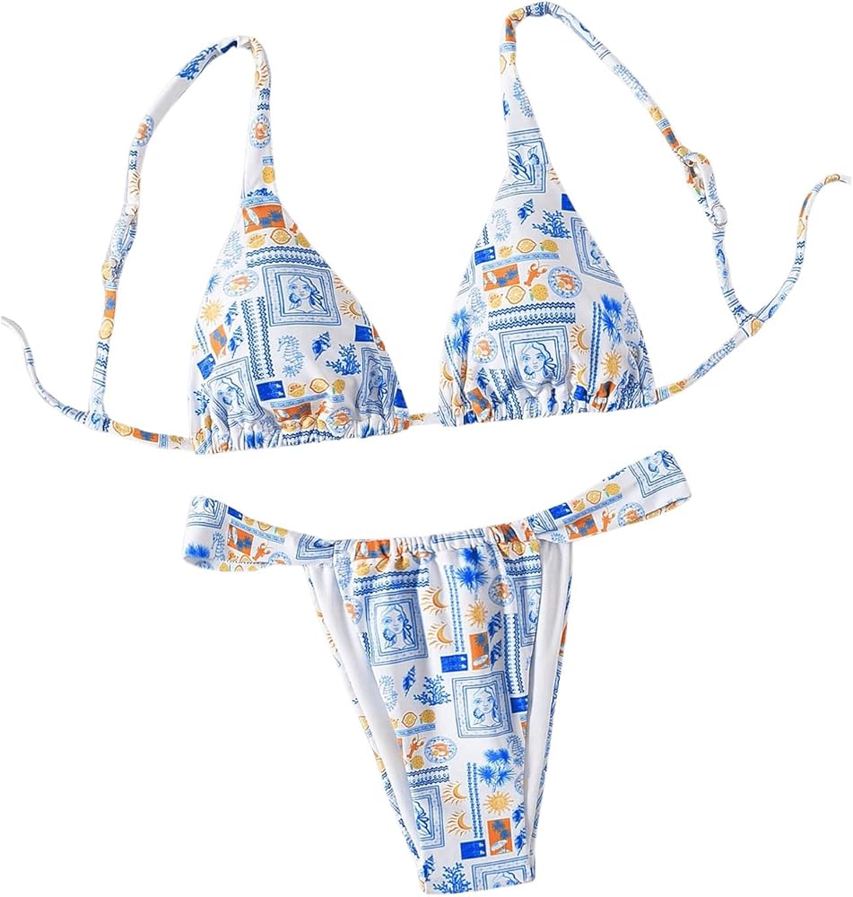 Women's 2 Piece Bathing Suit Graphic Boho Wireless Triangle Swimsuits Thong Cheeky Bikini Set