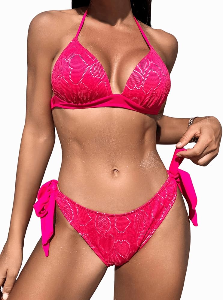 Verdusa Women's 2 Piece Halter Push Up Bikini Set Tie Side Swimsuit Bathing Suit