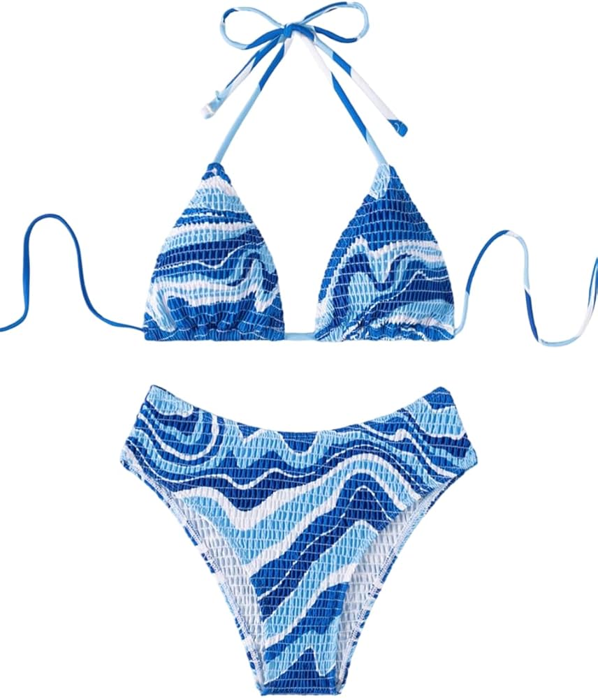 SOLY HUX Women's 2 Piece Halter Bikini Set Wave Print Triangle Top Bathing Suits Thong Bikini Swimsuits