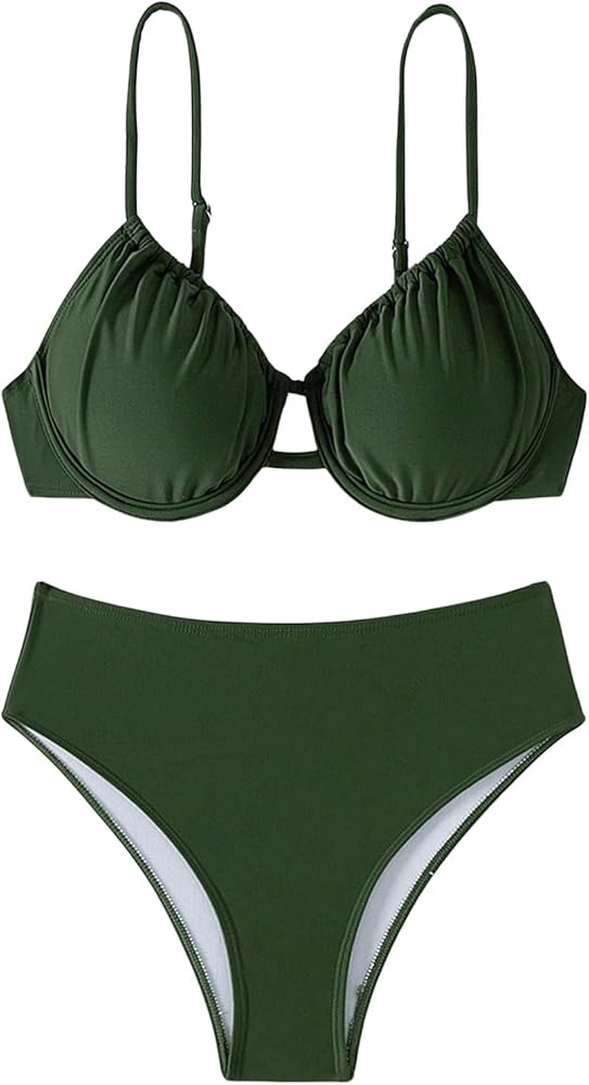 MakeMeChic Women's 2 Piece Swimsuit Ruched High Waisted Underwire Bikini Set Bathing Suit Swimwear