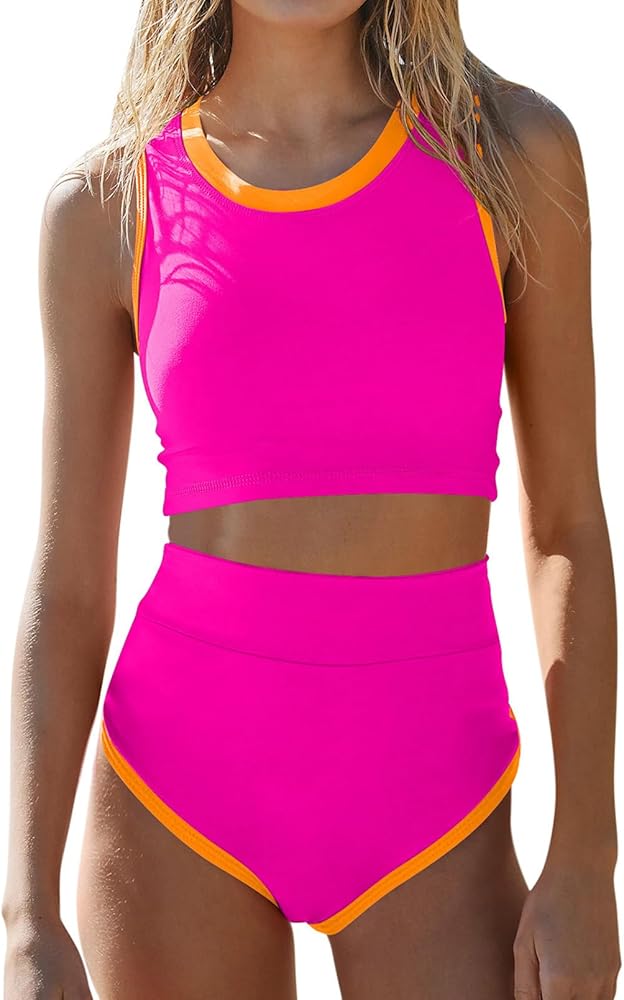 Pink Queen Women's High Waisted Bikini Sets Crew Neck Sporty 2 Piece Swimsuits Color Block High Cut Bathing Suit