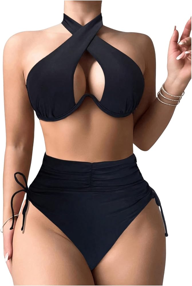 SOLY HUX Bathing Suit for Women Criss Cross Halter Underwire High Waisted Bikini Sets Two Piece Swimsuit