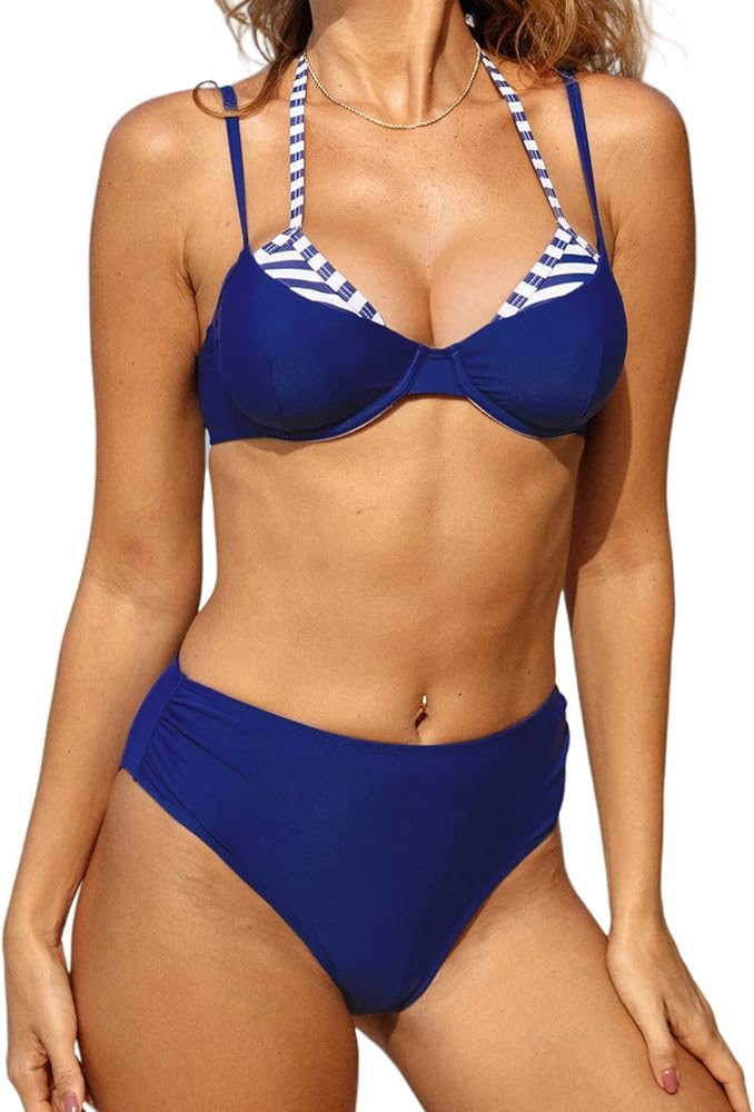 CUPSHE Women Swimsuit Bikini Set Two Piece Halter Push Up Ruched Bathing Suit with Underwire