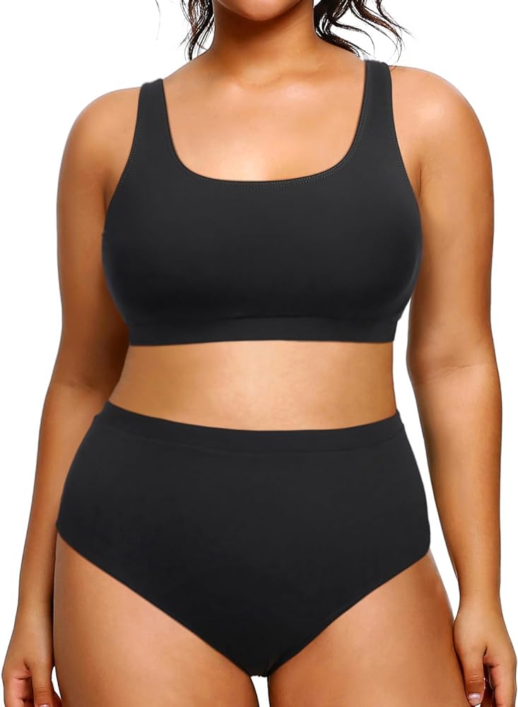 Daci Plus Size Two Piece High Waisted Bikini Set Sport Scoop Neck Swimsuit Full Coverage Bathing Suit