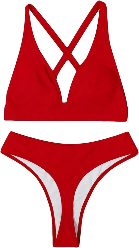 Women's High Waist V Neck Bathing Suit Criss Cross Summer Swimsuit Bikinis Set