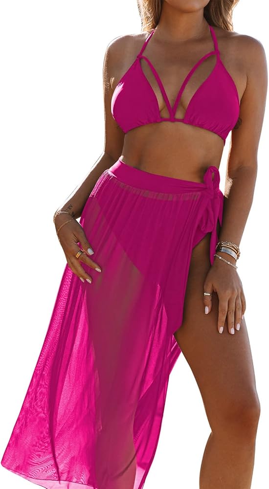 Kisscynest Women's Halter Neck Cut Out 3 Pieces Swimwear with Mesh Maxi Skirt