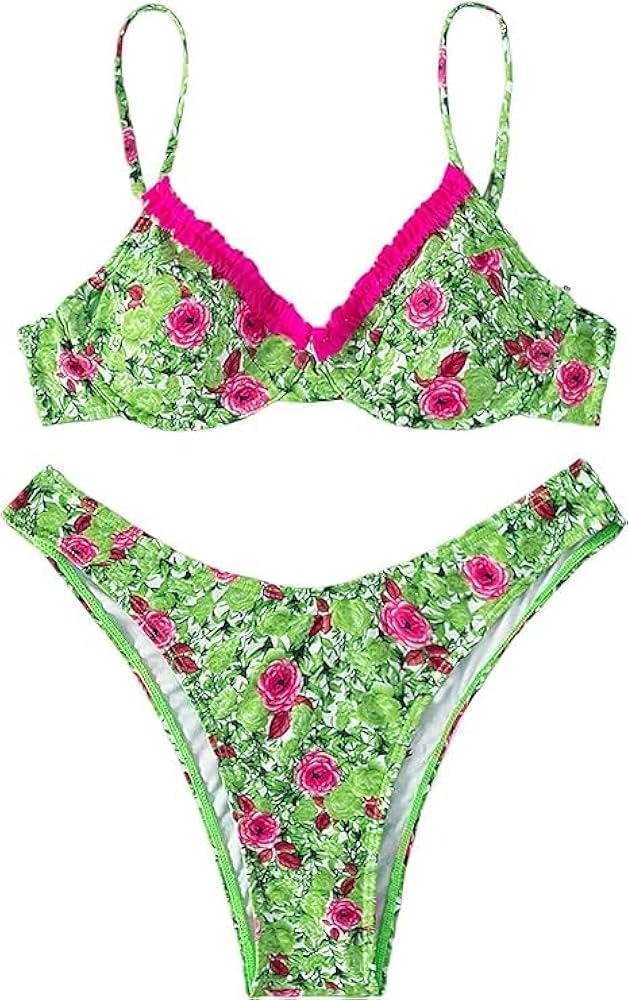 ZAFUL Women's Floral Frill Trim Underwire Bikini Swimsuit Sexy High Cut Cheeky Bikini Set Two Piece Bathing Suit