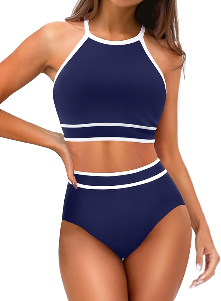 Tempt Me Women's High Waisted Bikini Sets Sporty Two Piece Swimsuit Color Block High Neck Bathing Suit Navy Blue L