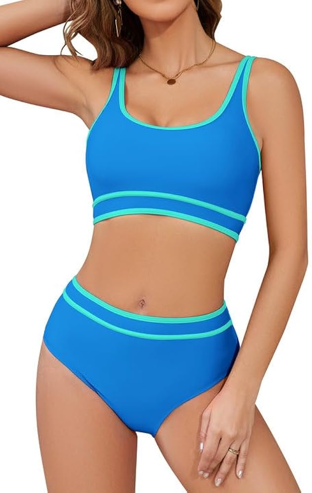 SHEKINI Women's High Waisted Bikini Sets Sporty Two Piece Swimsuit Color Block Cheeky Cute High Cut Bathing Suits