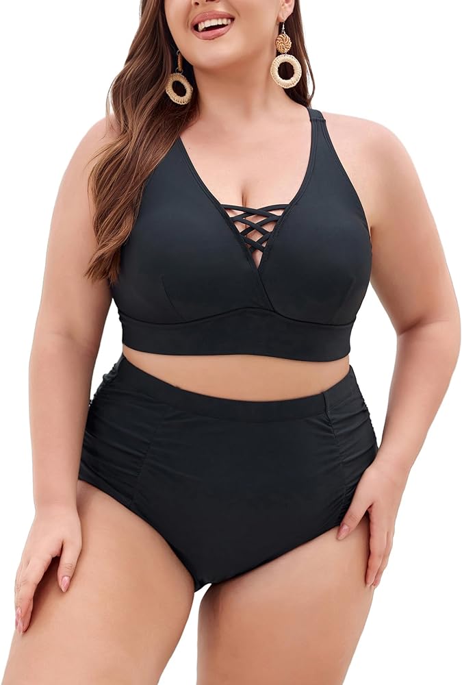 Hanna Nikole Bikini Sets for Women Plus Size Front Strappy Two Piece Bathing Suits High Waist Tummy Control Swimsuit