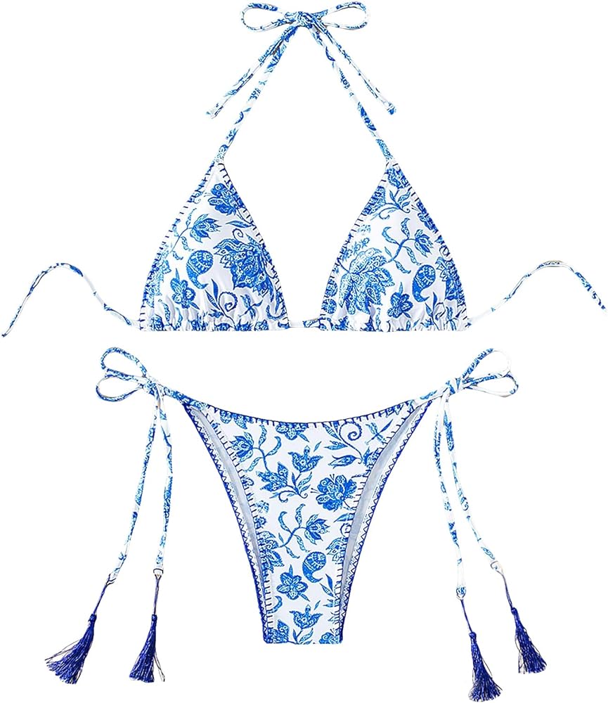 Verdusa Women's Tassel Tie Side Triangle Bikini Sets Floral Print 2 Piece Bathing Suit